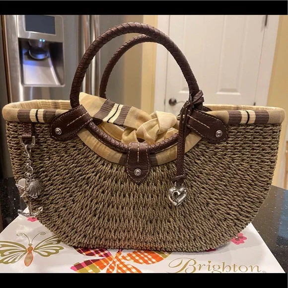 BRIGHTON NAUTICAL ACCENTS JUTE AND LEATHER SHOULDER BAG HANDBAG PURSE - Picture 1 of 13